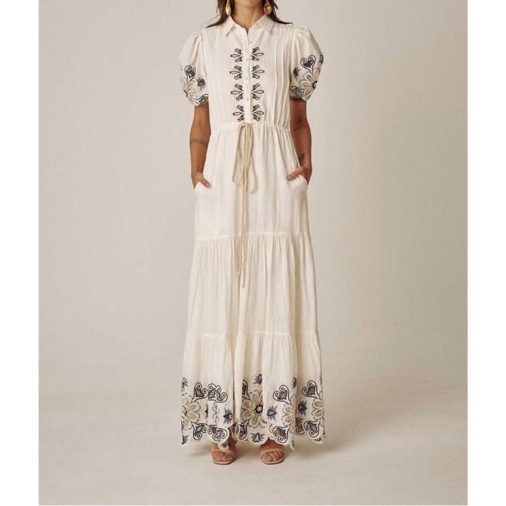 Carolina K Embroidered White Maxi Dress with Blue Floral Embroidered Accents XS